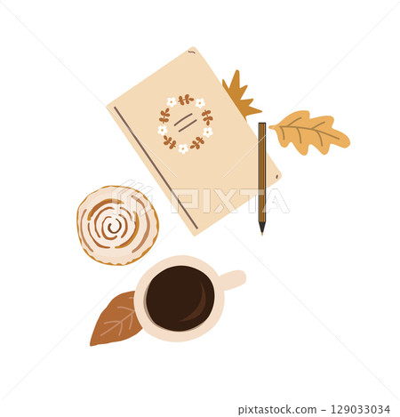 Fall Aesthetic Composition with notebook, coffee, sweets, and dried leaves. Table top view. Vector Autumn illustration. Fall Aesthetic Composition with notebook, coffee, sweets, and dried leaves. Table top view. Vector Autumn illustration. 129033034