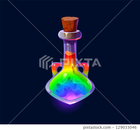 Wizard magic potion bottle, elixir and poison vial sealed with a wooden cork, evokes a sense of mystery for fantasy games. Cartoon rainbow glass flask suggest alchemical elixir or mystical enchantment Wizard magic potion bottle, elixir and poison vial sealed with a wooden cork, evokes a sense of mystery for fantasy games. Cartoon rainbow glass flask suggest alchemical elixir or mystical enchantment 129033046