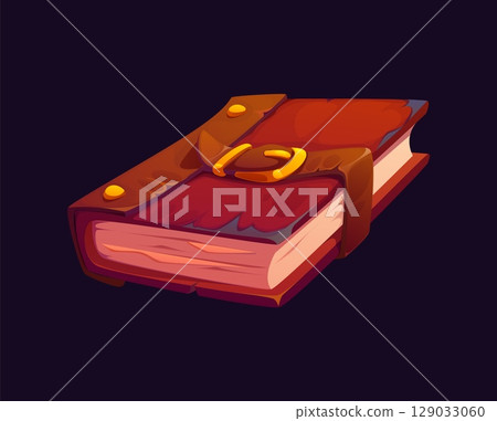 Cartoon ancient book for pirate fairy tale story of Caribbean adventure, vector icon. Old Medieval or ancient fantasy book with buckle on cover, pirate sailing logbook or seafaring diary journal 129033060