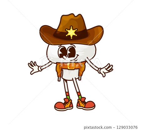 Cartoon groovy mushroom cowboy or champignon sheriff and bandit vegetable, vector character. Funny groovy mushroom in cowboy hat as Wild West sheriff or Western ranger with guns and bandoleer 129033076