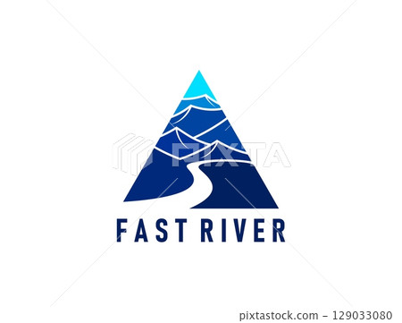 Fast river water road path icon. Vector modern triangular label in blue colors, featuring mountain peaks and a winding river, symbolizing speed, nature and adventure, wanderlust, hiking or travel 129033080