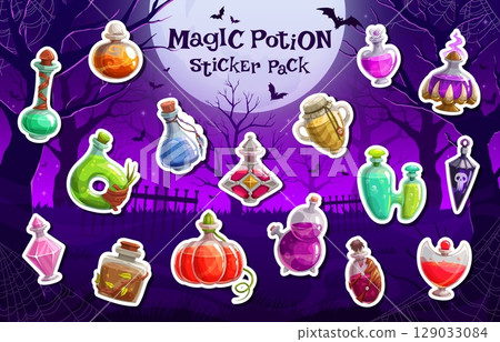 Cartoon Halloween magic potion bottles stickers pack. Vector patches with witch brews, mystical glass vials filled with magical spell drinks and colorful liquids at spooky mysterious dark cemetery Cartoon Halloween magic potion bottles stickers pack. Vector patches with witch brews, mystical glass vials filled with magical spell drinks and colorful liquids at spooky mysterious dark cemetery 129033084