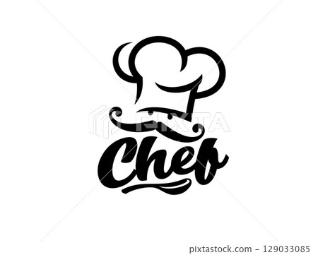 Chef cook character icon. Vector black and white cooking label featuring mustached chef personage in toque hat with a ladle and elegant script. Culinary and restaurant food minimalist emblem 129033085