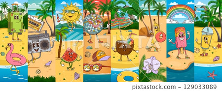 Cartoon groovy travel and vacation characters collage at sea beach, vector background. Funny groovy coconut, ice cream and disco ball or banana fruit with funky face at summer beach on sea vacations 129033089