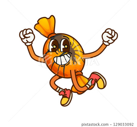 Cartoon groovy Halloween sweets and candy character. Isolated vector toffee in orange wrap with spider. Cheerful trick or treat dessert for kids party. Cute caramel retro personage with smiling face 129033092