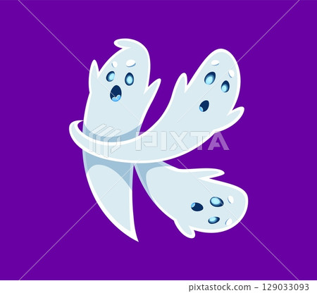 Halloween font K letter ghost cartoon cheerful character. Scary phantom English ABC letter, creepy creature personage or spooky ghost character font typeset vector element. Latin alphabet symbol 129033093