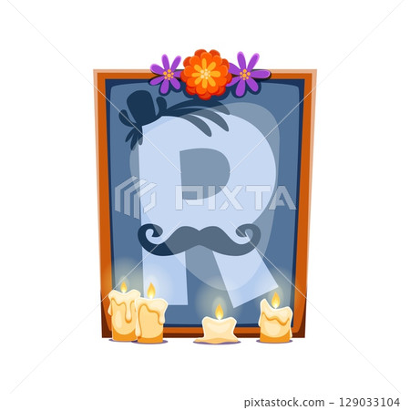 Day of the Dead font deceased picture frame, candles, marigold letter R. Latin America death carnival typeface vector symbol, Day of the Dead type sign. Mexican ritual festival kids ABC typeset letter Day of the Dead font deceased picture frame, candles, marigold letter R. Latin America death carnival typeface vector symbol, Day of the Dead type sign. Mexican ritual festival kids ABC typeset letter 129033104