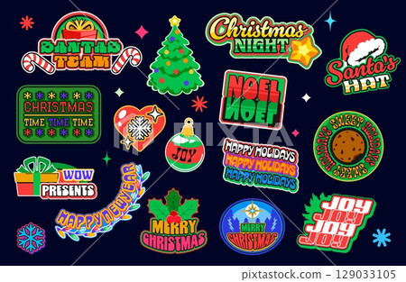 Christmas holiday y2k groovy stickers, winter funky patch labels. Winter y2k new year funky set featuring festive gifts, candy canes, pine tree Santa hat and retro text. Vector funky badges and decor 129033105