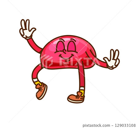 Cartoon groovy pink Halloween dragee sweet candy character. Isolated vector funny dessert for kids trick or treat party. Cute patisserie retro y2k personage with smiling face, cheerful holiday snack Cartoon groovy pink Halloween dragee sweet candy character. Isolated vector funny dessert for kids trick or treat party. Cute patisserie retro y2k personage with smiling face, cheerful holiday snack 129033108