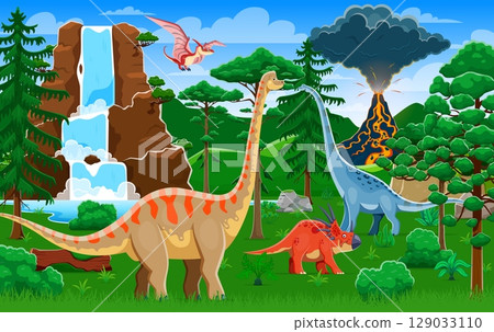 Cartoon prehistoric dinosaurs at volcano landscape in Jurassic jungle forest, vector background. Funny prehistoric lizards and reptiles for kids dino encyclopedia atlas or dinosaurs story book Cartoon prehistoric dinosaurs at volcano landscape in Jurassic jungle forest, vector background. Funny prehistoric lizards and reptiles for kids dino encyclopedia atlas or dinosaurs story book 129033110