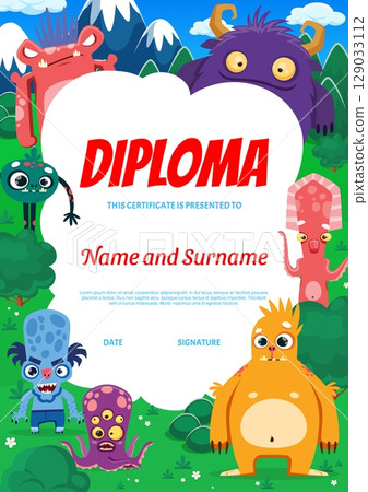 Kids diploma with funny cartoon monster characters for certificate award, vector template. Diploma certificate with funny monsters, goblins and yeti or spooky ogre creatures for school or kindergarten 129033112