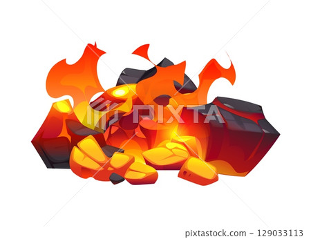 Fire flames on coal, fireplace charcoal with burning ember coal pieces and ash, cartoon vector. Ember of firewood coal or charcoal pieces burn in fire flames of fireplace or hearth and campfire 129033113
