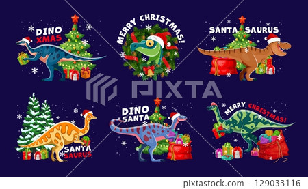 Christmas dinosaur greetings. Cartoon dino animals celebrate Xmas and New Year with Santa hats, gifts and decorated pine trees. Prehistoric reptiles enjoy festivities, playful greetings and cheers 129033116