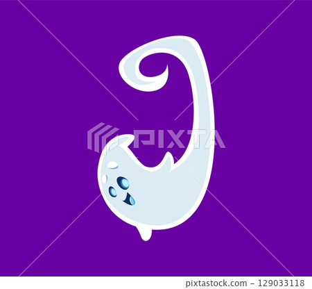 Halloween font J letter ghost cartoon funny character. Halloween monster personage English ABC symbol, happy ghost or horror creature character latin alphabet vector letter. Font typeset element Halloween font J letter ghost cartoon funny character. Halloween monster personage English ABC symbol, happy ghost or horror creature character latin alphabet vector letter. Font typeset element 129033118