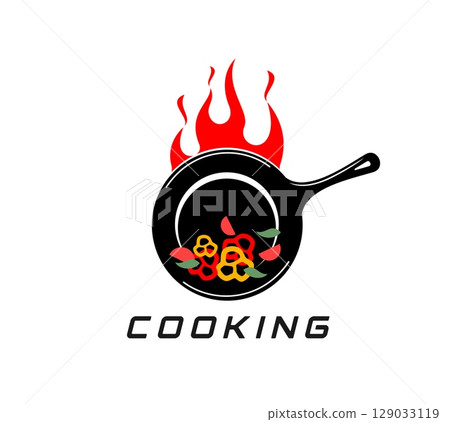 Cook pan icon. Vector emblem featuring a black frying pan filled with colorful vegetables and spices, emitting a fire, represents culinary, fry wok, spicy food and professional or home cooking Cook pan icon. Vector emblem featuring a black frying pan filled with colorful vegetables and spices, emitting a fire, represents culinary, fry wok, spicy food and professional or home cooking 129033119