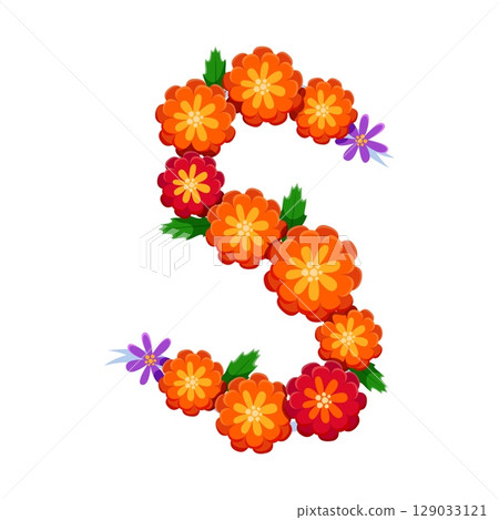 Day of the Dead font marigold orange flowers letter S. Hispanic Dia de Los Muertos holiday font vector sign, Mexican Day of the Dead carnival typeset element. Mexico death celebration typeface letter 129033121