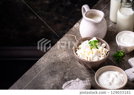Dairy products. Milk, cottage cheese, cream, butter and yogurt Dairy products. Milk, cottage cheese, cream, butter and yogurt 129033181