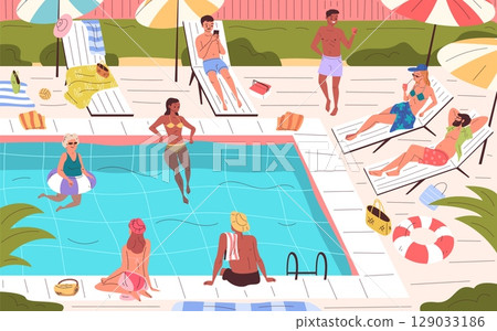 People relaxing pool. Man woman sunbathing on sunbed under sun umbrella at hotel poolside, relax beach party swimming in water summer vacation resort, classy vector illustration People relaxing pool. Man woman sunbathing on sunbed under sun umbrella at hotel poolside, relax beach party swimming in water summer vacation resort, classy vector illustration 129033186