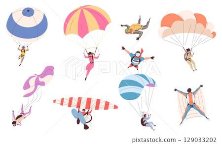 Parachutists. Man woman jump with parachute, parachutist or skydiver in sky paratrooper free fall skydive air diving adrenaline adventure paraglider, set classy vector illustration Parachutists. Man woman jump with parachute, parachutist or skydiver in sky paratrooper free fall skydive air diving adrenaline adventure paraglider, set classy vector illustration 129033202