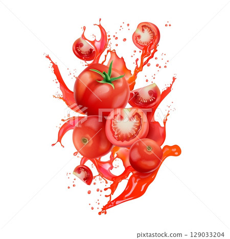 Realistic tomato splash. 3d tomatoes with red juice, fresh vegetable ketchup sauce liquid flow drop splatter soup smoothie vegetables cocktail ingredient, exact vector illustration Realistic tomato splash. 3d tomatoes with red juice, fresh vegetable ketchup sauce liquid flow drop splatter soup smoothie vegetables cocktail ingredient, exact vector illustration 129033204
