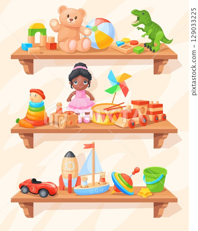 Cartoon toy shelf. Toyshop wooden shelves, baby kids toys shop child play room interior element children doll bear play ball train kid store showcase, neat vector illustration Cartoon toy shelf. Toyshop wooden shelves, baby kids toys shop child play room interior element children doll bear play ball train kid store showcase, neat vector illustration 129033225