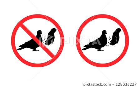 Not feed pigeons. Dont feeding pigeon, prohibited signage hand with bird food sign birds silhouette park rules ban attention pictogram placard vector illustration Not feed pigeons. Dont feeding pigeon, prohibited signage hand with bird food sign birds silhouette park rules ban attention pictogram placard vector illustration 129033227