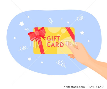 Hand hold gift card. Arm give voucher, discount coupon red ribbon bow club membership cards member perks client privilege customer easy purchase advertising vector illustration 129033233