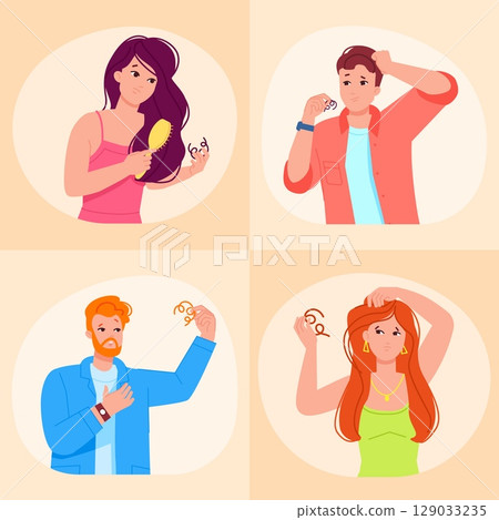 Hair loss people. Alopecia, dandruff seborrheic dermatitis fall thinning hair problem head scalp beauty treatment concept man woman baldness damage hairstyle vector illustration 129033235