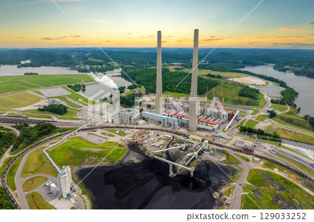 Thermal power plant burning coal fossil fuel for production of electrical energy. Kingston power station in Roane County, Tennessee Thermal power plant burning coal fossil fuel for production of electrical energy. Kingston power station in Roane County, Tennessee 129033252