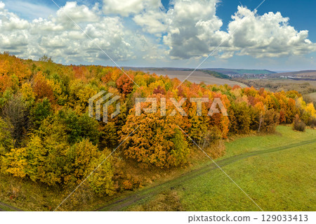 Rural dirt road in autumn woods with yellow and orange canopies in colorful forest. Landscape of wild nature in fall season Rural dirt road in autumn woods with yellow and orange canopies in colorful forest. Landscape of wild nature in fall season 129033413