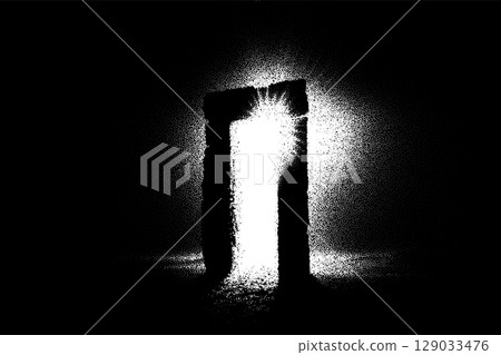 Ancient ruins in sci-fi scene with dotwork retro style. Mysterious gate debris with dramatic lights and retro texture 129033476