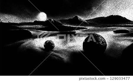 Alien planet landscape in retro dotwork style. Planets and satellites over unknown planet in space. Sci-fi world landscape beyond our galaxy. Alien planet landscape in retro dotwork style. Planets and satellites over unknown planet in space. Sci-fi world landscape beyond our galaxy. 129033477