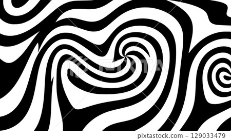 Swirling black and white pattern creates optical illusion with dynamic, wavy lines, forming a hypnotic and abstract, high-contrast visual experience 129033479