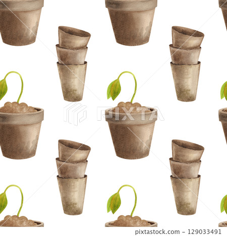 Seamless pattern with garden tools. Watercolor illustration of flower pots and seedlings 129033491