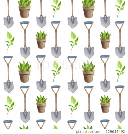 Seamless pattern with garden tools. Watercolor illustration of flower pots with shovel and seedlings 129033492