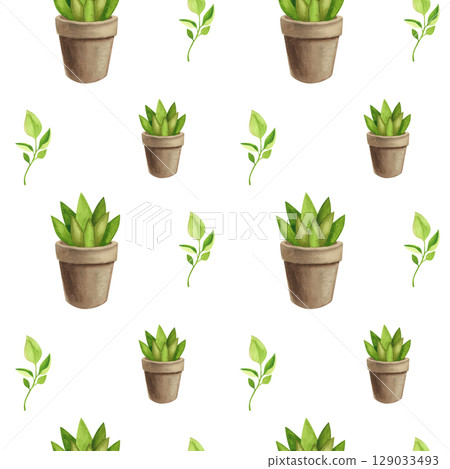 Seamless pattern with garden tools. Watercolor illustration of flower pots and seedlings 129033493