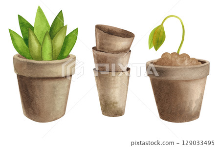 Watercolor illustration of potted plants. Supplement to ecology, gardening, seed treatment, eco blogs, garden stores, Earth Day and spring equinox. 129033495