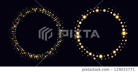 Golden halftone frames, glowing circle borders, round pattern with dots, radial disco luxury design element. 129033771