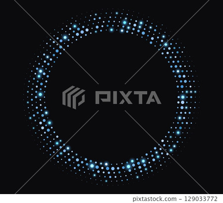 Blue halftone frame, glowing circle borders, round pattern with dots, radial disco luxury design element. Blue halftone frame, glowing circle borders, round pattern with dots, radial disco luxury design element. 129033772