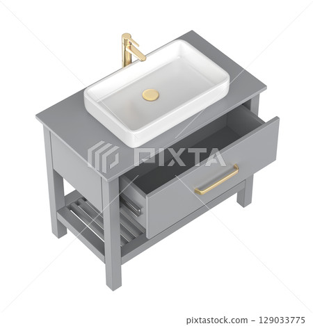 Grey wash basin cabinet with white sink and rose gold faucet Grey wash basin cabinet with white sink and rose gold faucet 129033775