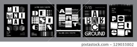 Abstract modern monochrome poster template. Banner set layouts with dynamic cubes ornament and rippled wavy grids with distorted bold typescript. Black and white covers design. Vector illustration. Abstract modern monochrome poster template. Banner set layouts with dynamic cubes ornament and rippled wavy grids with distorted bold typescript. Black and white covers design. Vector illustration. 129033802