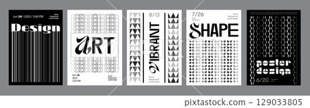 Abstract modern monochrome poster template. Banner set layouts with line distorted effect, rippled halftone grid ornaments, simple geometric shapes. Black and white covers design. Vector illustration. 129033805