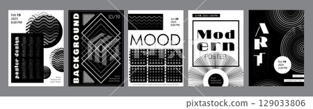 Abstract modern monochrome poster template. Banner set layouts with wavy round forms, gradient effect square shapes, geometric contrast ornament. Black and white covers design. Vector illustration. Abstract modern monochrome poster template. Banner set layouts with wavy round forms, gradient effect square shapes, geometric contrast ornament. Black and white covers design. Vector illustration. 129033806