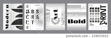 Abstract modern monochrome poster template. Banner set layouts with linear grids, distorted round forms, curling element textures, simple stars. Black and white covers design. Vector illustration. 129033832