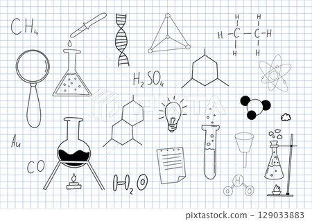 Chemistry research hand drawn sketch doodle line icons. Flasks and tubes back to school elements. Education science lab drawing. 129033883