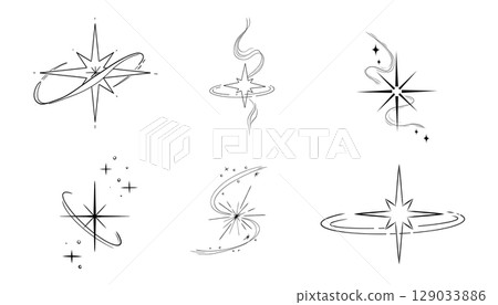 Abstract y2k line star, tattoo aesthetic doodle or sketch. Sparkle swirl silhouette line light, move, trail. Retro space orbit geometric  129033886