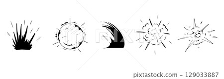 Explosion effect comic manga line sketch horizontal set. Motion anime explode, radial action burst. Round explosions cloud silhouette. 129033887