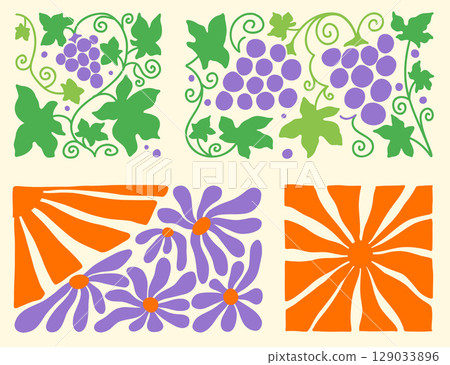 Floral patterns of the 70s showcasing wavy and vibrant flowers in retro style 129033896