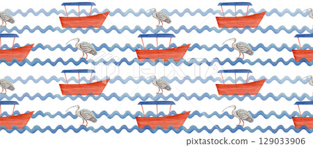 Cambodian boats and iconic Ibis bird, symbol of wetlands, nature watercolor seamless pattern isolated on white. Perfect for travel branding, eco-tourism, textiles, souvenirs, cultural designs 129033906