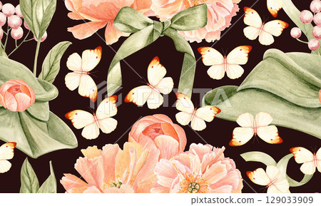 Green hat, bow, pink flowers, cream butterflies, berries, and green leaves seamless watercolor pattern on black background. Perfect for fabric, packaging, wrapping paper, wedding and vintage designs Green hat, bow, pink flowers, cream butterflies, berries, and green leaves seamless watercolor pattern on black background. Perfect for fabric, packaging, wrapping paper, wedding and vintage designs 129033909